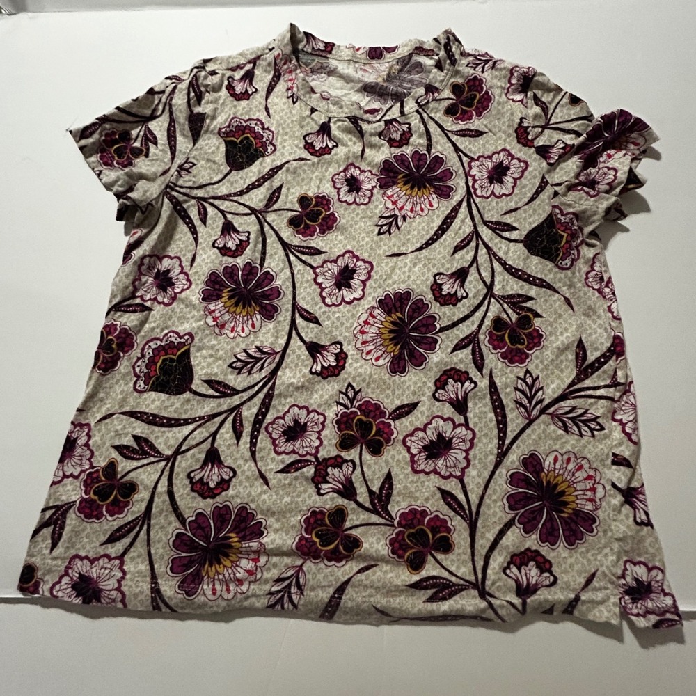 LOFT Womens Medium Floral Print Cotton Short Sleeve Crew Neck T-Shirt Romantic